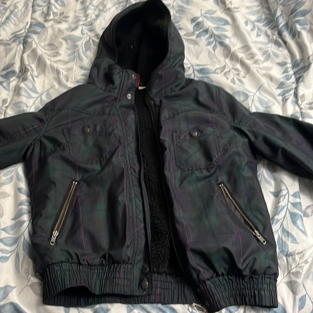 junior girls sz 12 blue / green / plaid winter jacket lined with black fur .